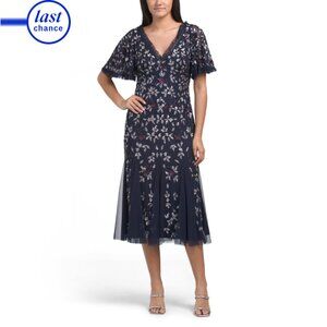 ADRIANNA PAPELL Light Navy Short Sleeve Beaded Midi Dress